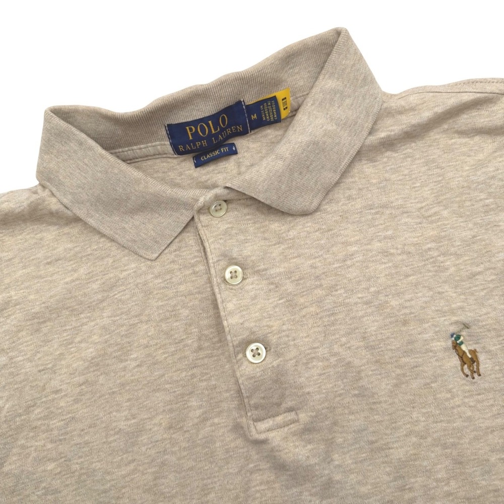 Polo Ralph Lauren Polo Shirt Medium Tan Long Sleeve Classic Fit Heathered Pony - Picture 1 of 6